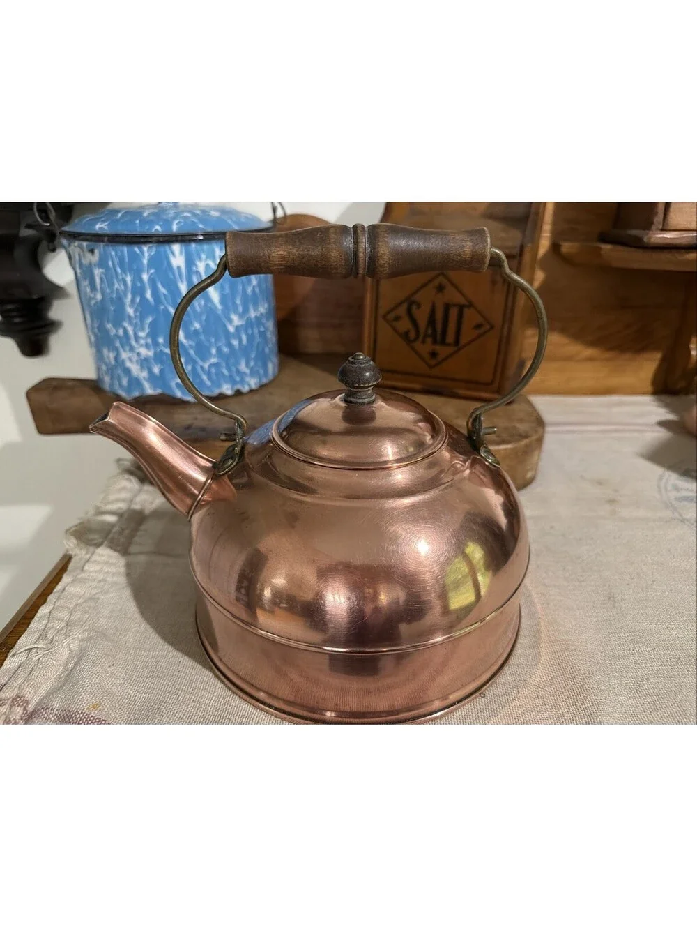 Vtg Revere Ware Copper Tea Pot Kettle Wood Handle Cottage Granny Cabin Decor